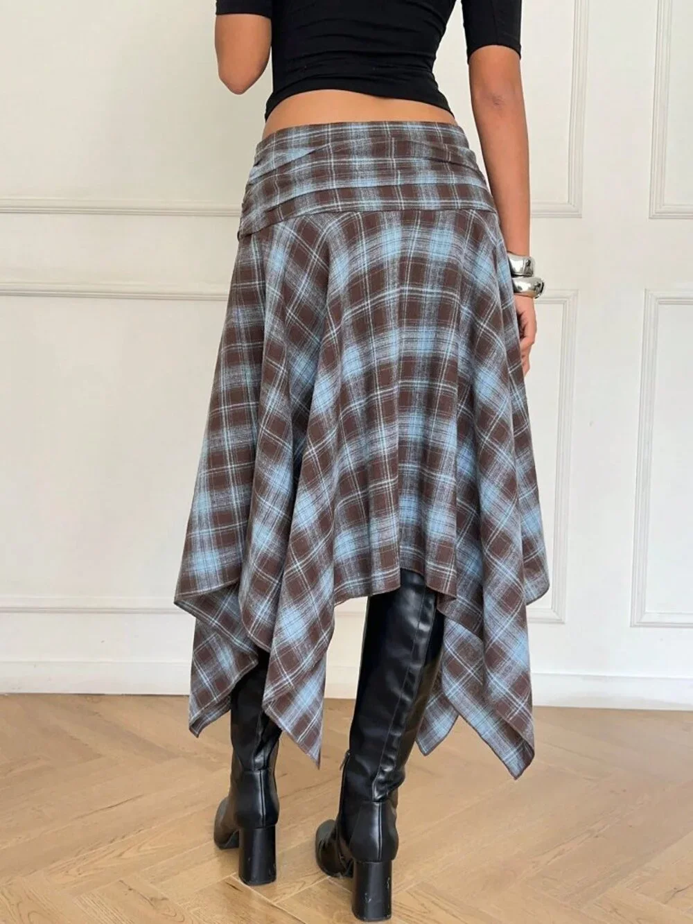 Blue Casual Women's Plaid Midi Skirt with Asymmetrical Hem